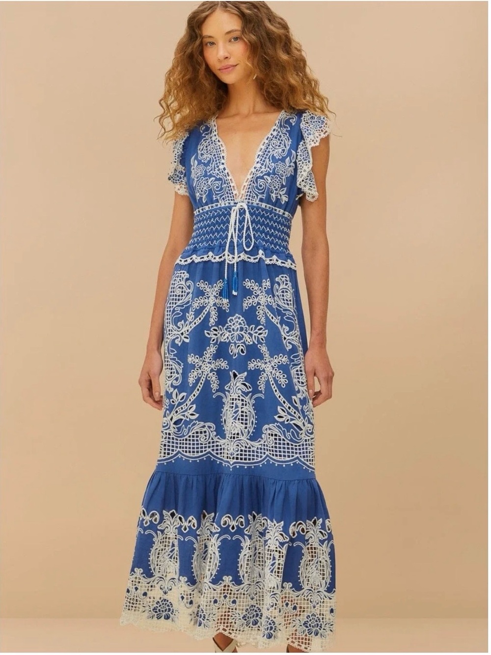 FARM Rio Navy Maxi Dress with White Lace Embroidery